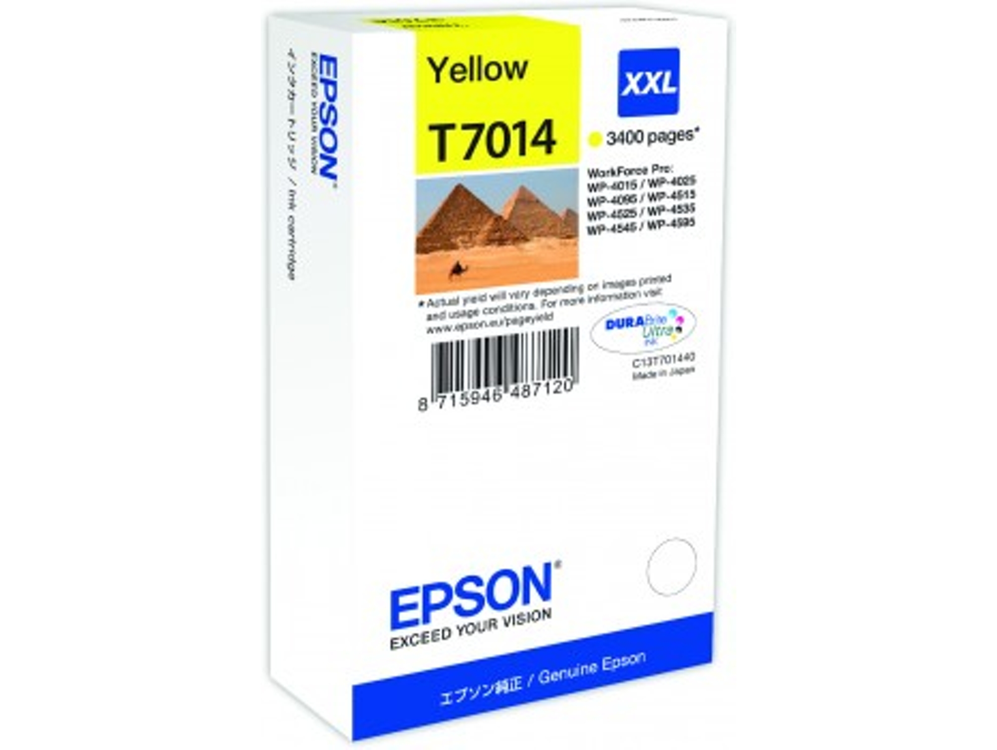 Cartucho de tinta original EPSON T7014, Pirámides 34,2 ml, Amarillo, Alta, XXL, C13T70144010