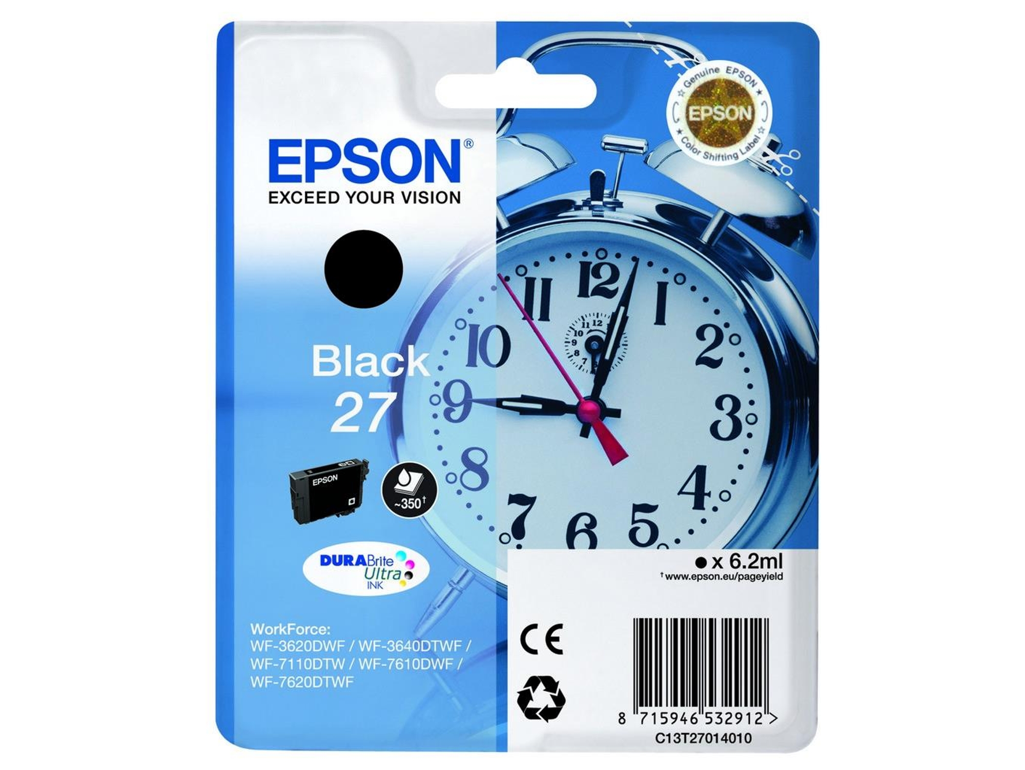 Cartucho de tinta original EPSON 27, Despertador 6,2 ml, Negro, C13T27014022, T2701