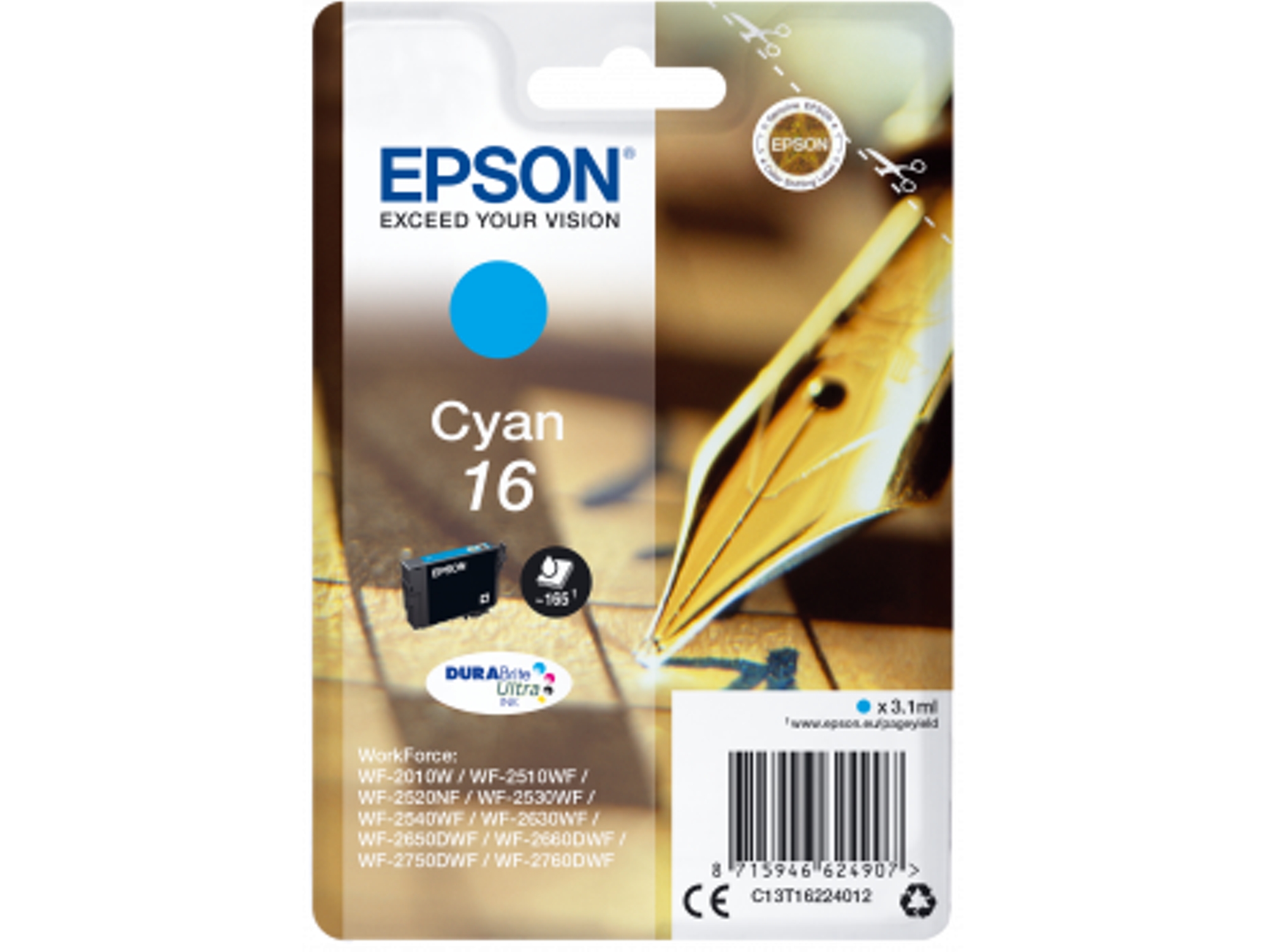 Cartucho de tinta original EPSON 16, Bolígrafo y crucigrama 3,1 ml, Cian, C13T16224012, T1622