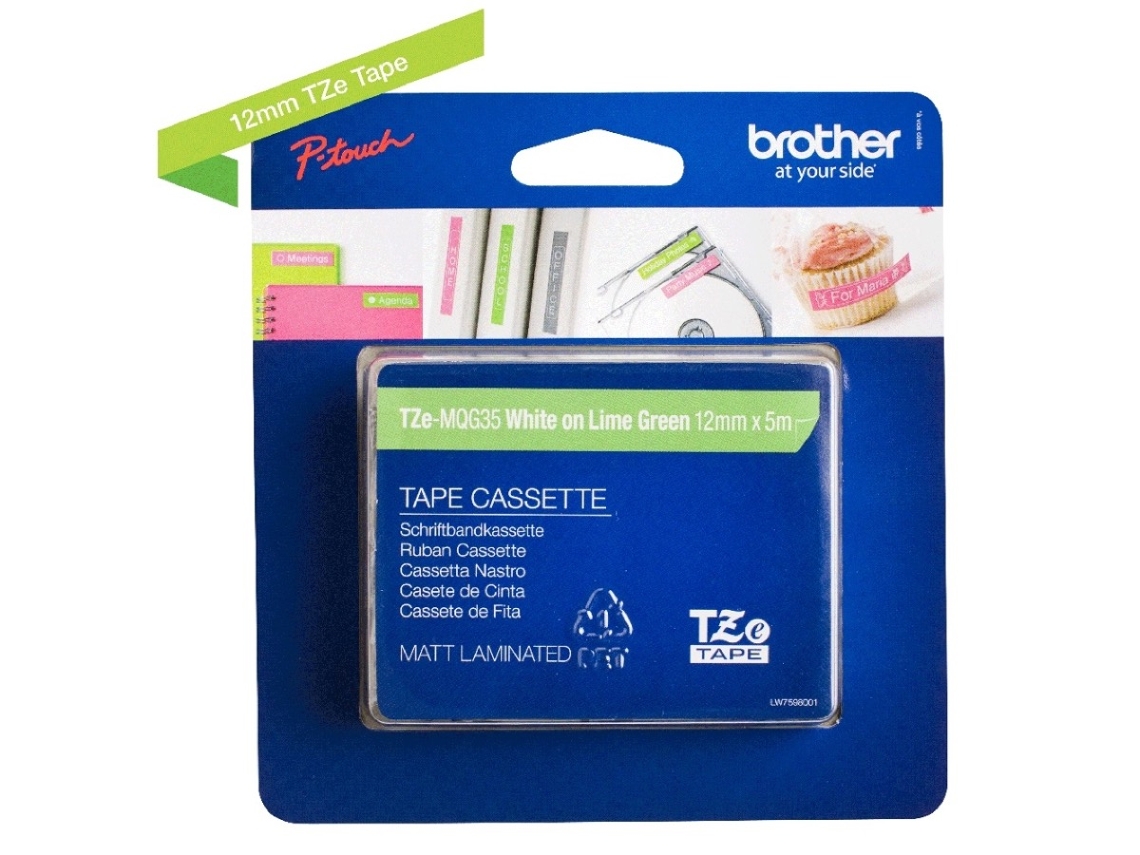 Cinta BROTHER TZEMQG35 laminada mate. Blanco sobre Verde Lima.
