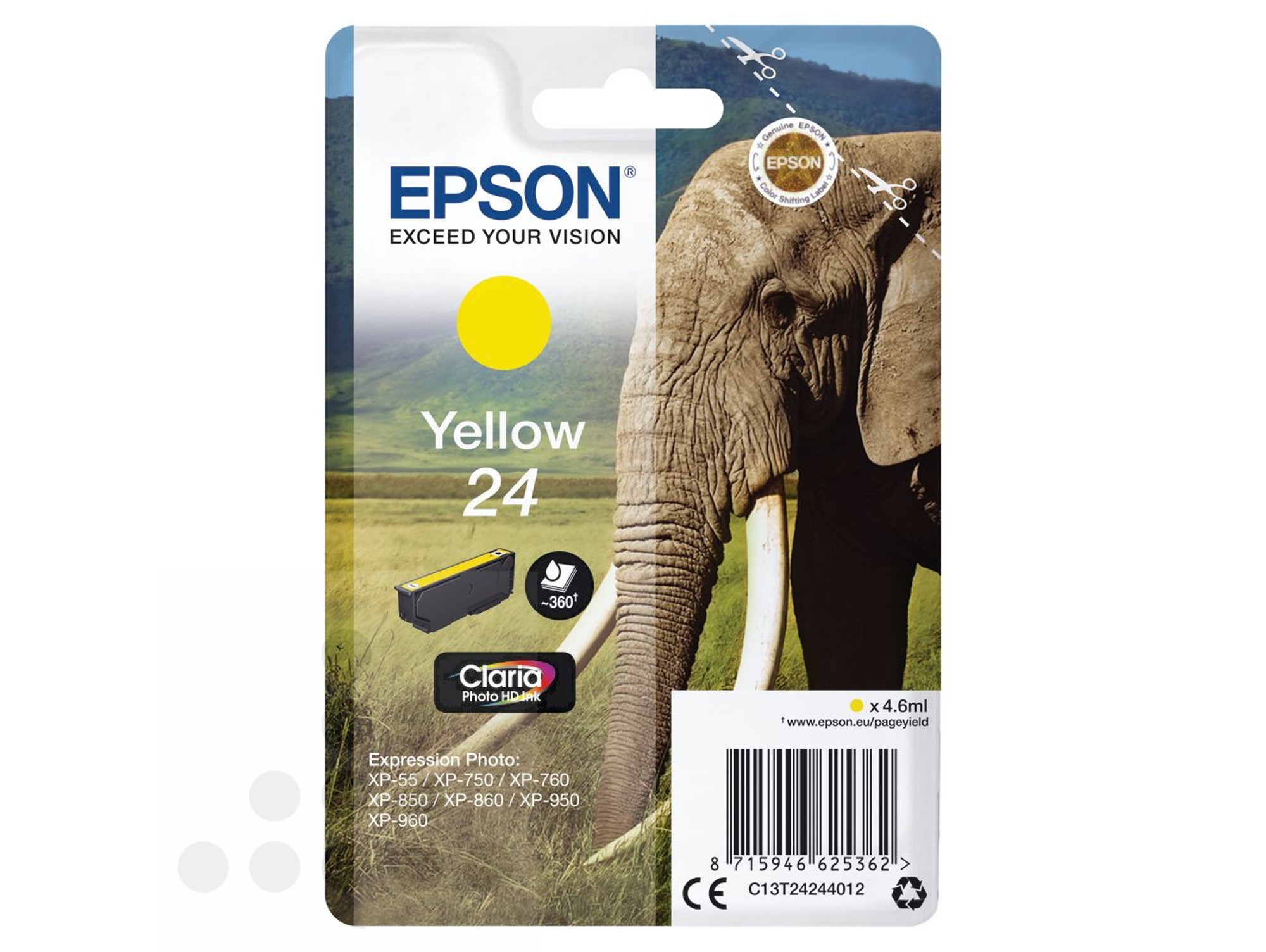 Cartucho de tinta original EPSON, Tinta Claria Photo, 24, Elefante 4,6 ml, Amarillo, C13T24244012, T2424