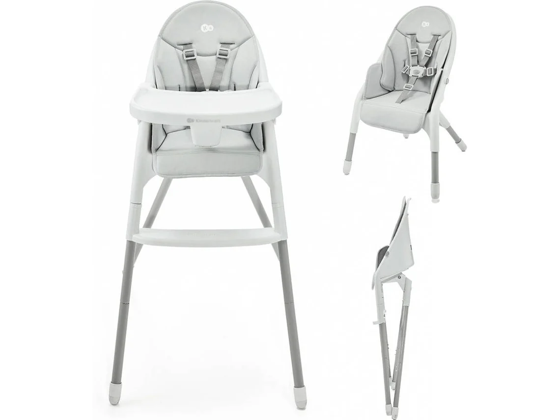 Trona Kinderkraft DINNLY plegable con reposapiés, arnés de 5 puntos y asiento impermeable Blanco/Gris
