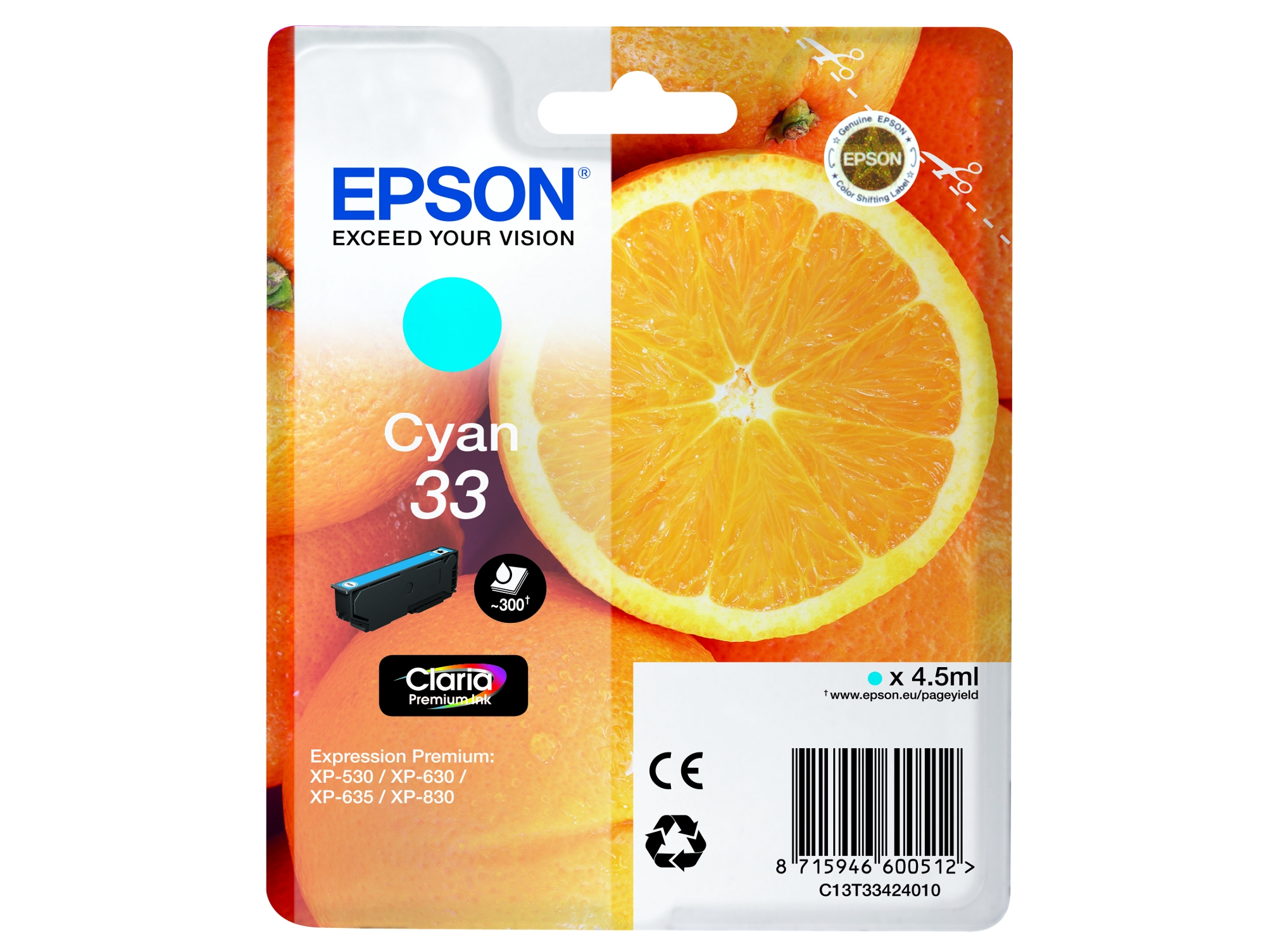 Cartucho de tinta original EPSON, 33, Naranjas 4,5 ml, Cian,, C13T33424022, T3342