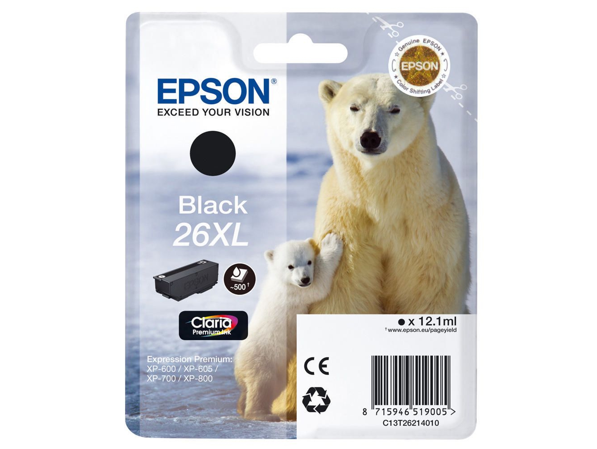 Cartucho de tinta original EPSON, 26XL, Oso polar 12,2 ml, Negro, C13T26214012, T2621