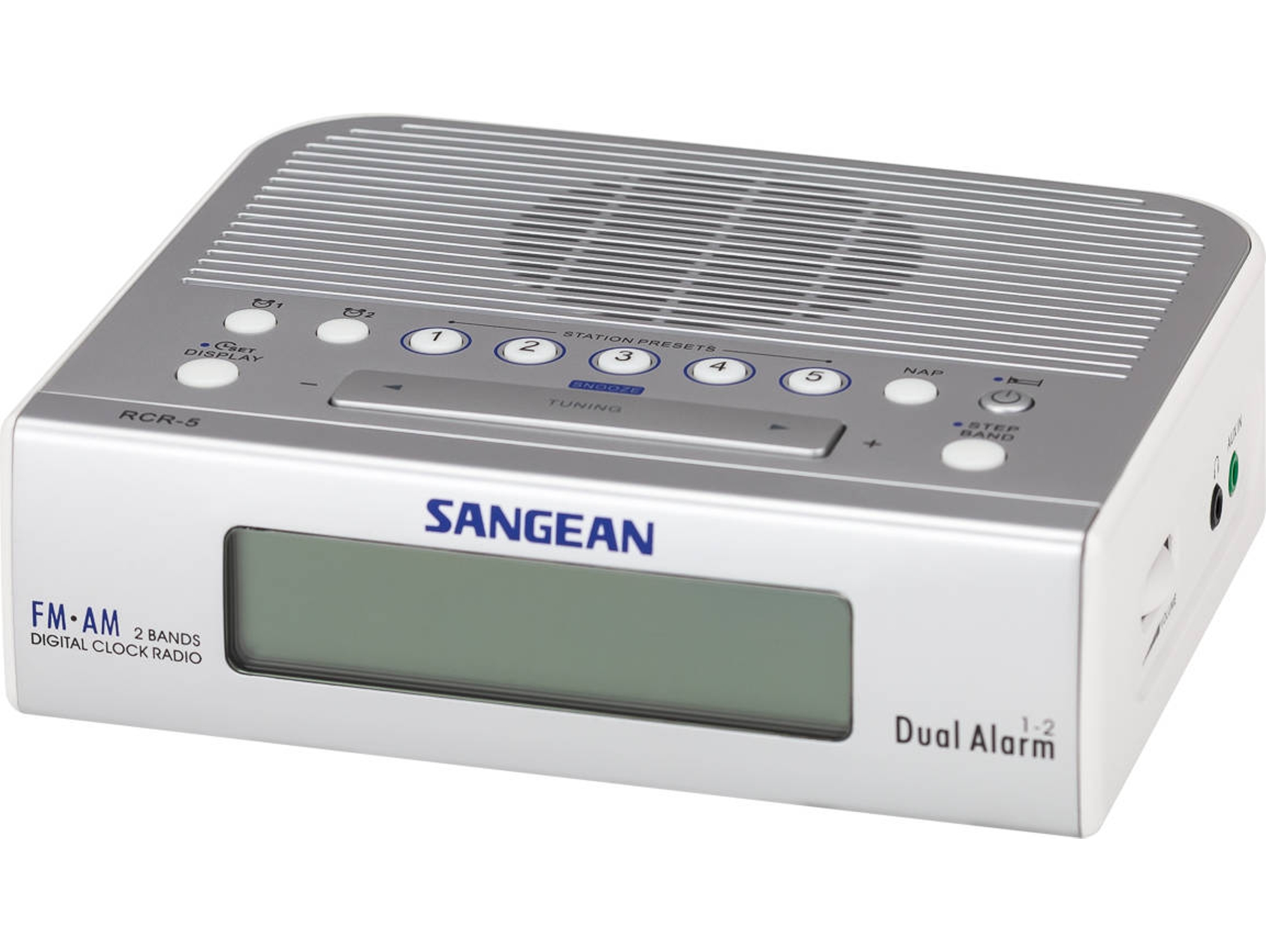 Radio Despertador SANGEAN RCR-5 (Blanco - Digital - AM/FM - Corriente - Alarma Doble - Función Snooze)