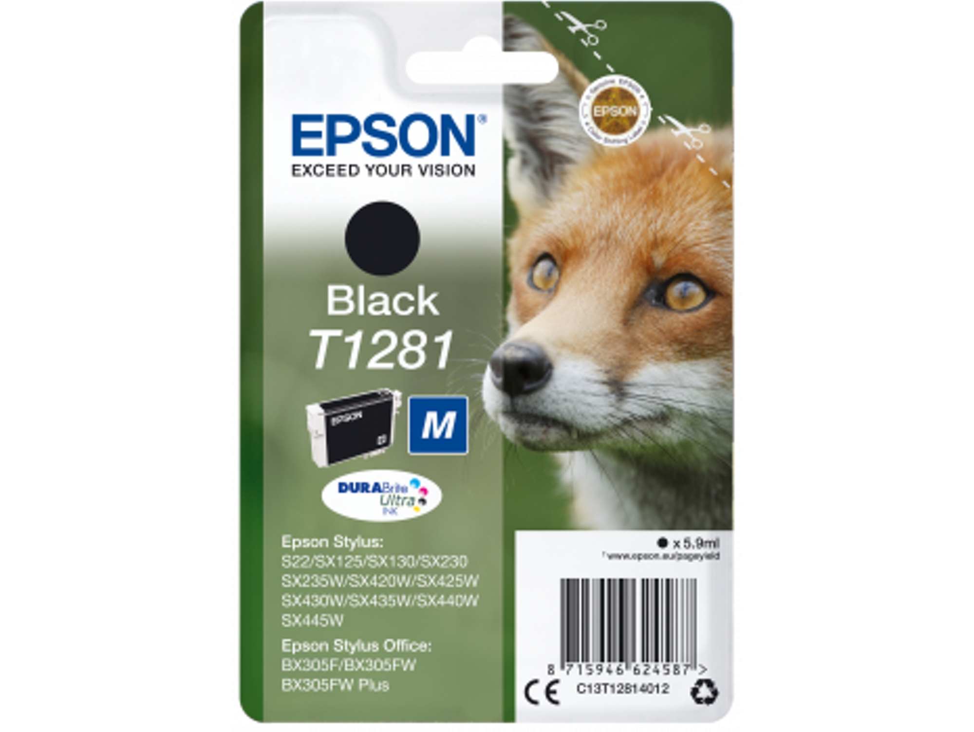 Cartucho de tinta original EPSON T1281, Zorro 5,9 ml, Negro, M, C13T12814012