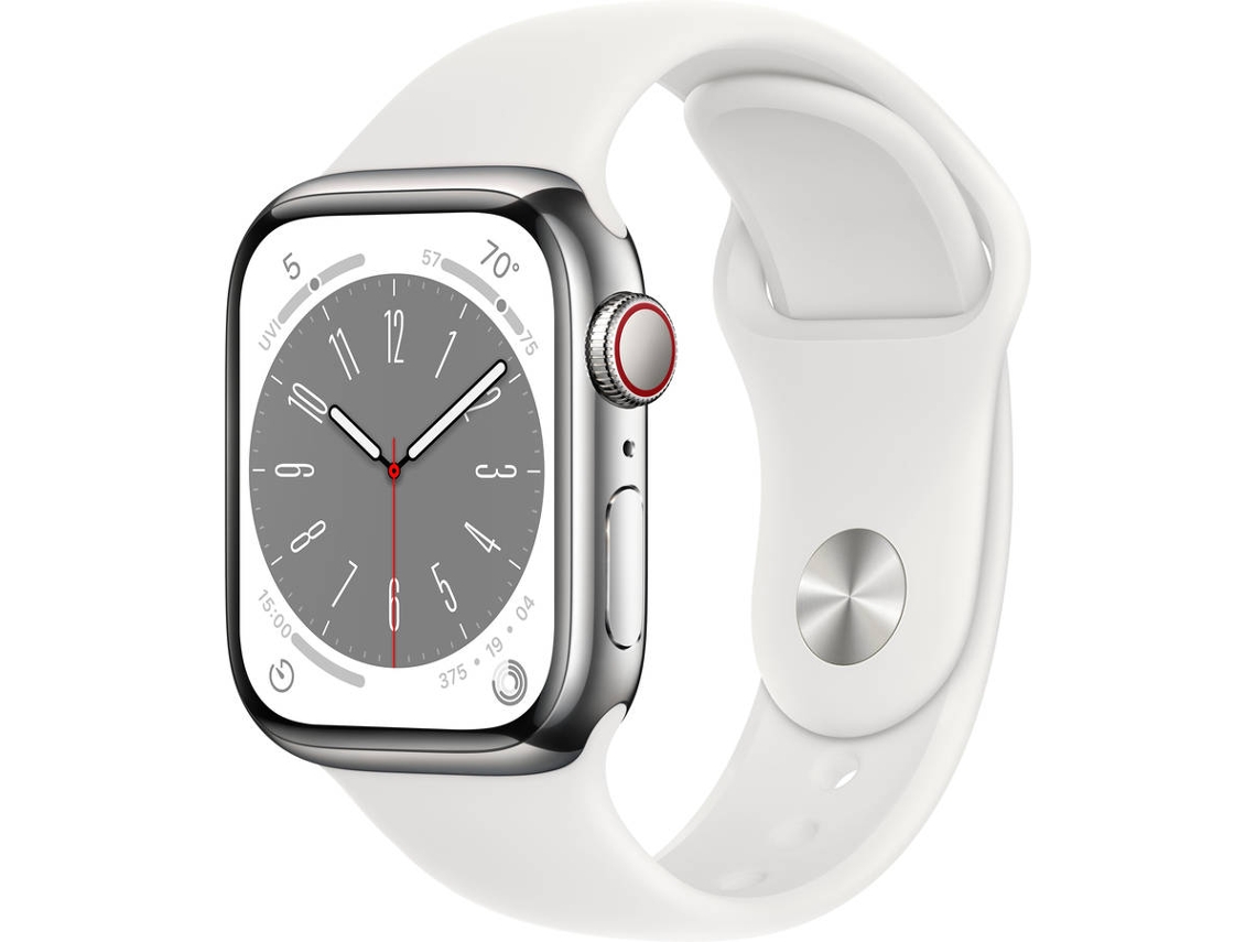 APPLE Watch Series 8 GPS+Cellular 41 mm Plata Acero Inoxidable con Correa Deportiva Blanco