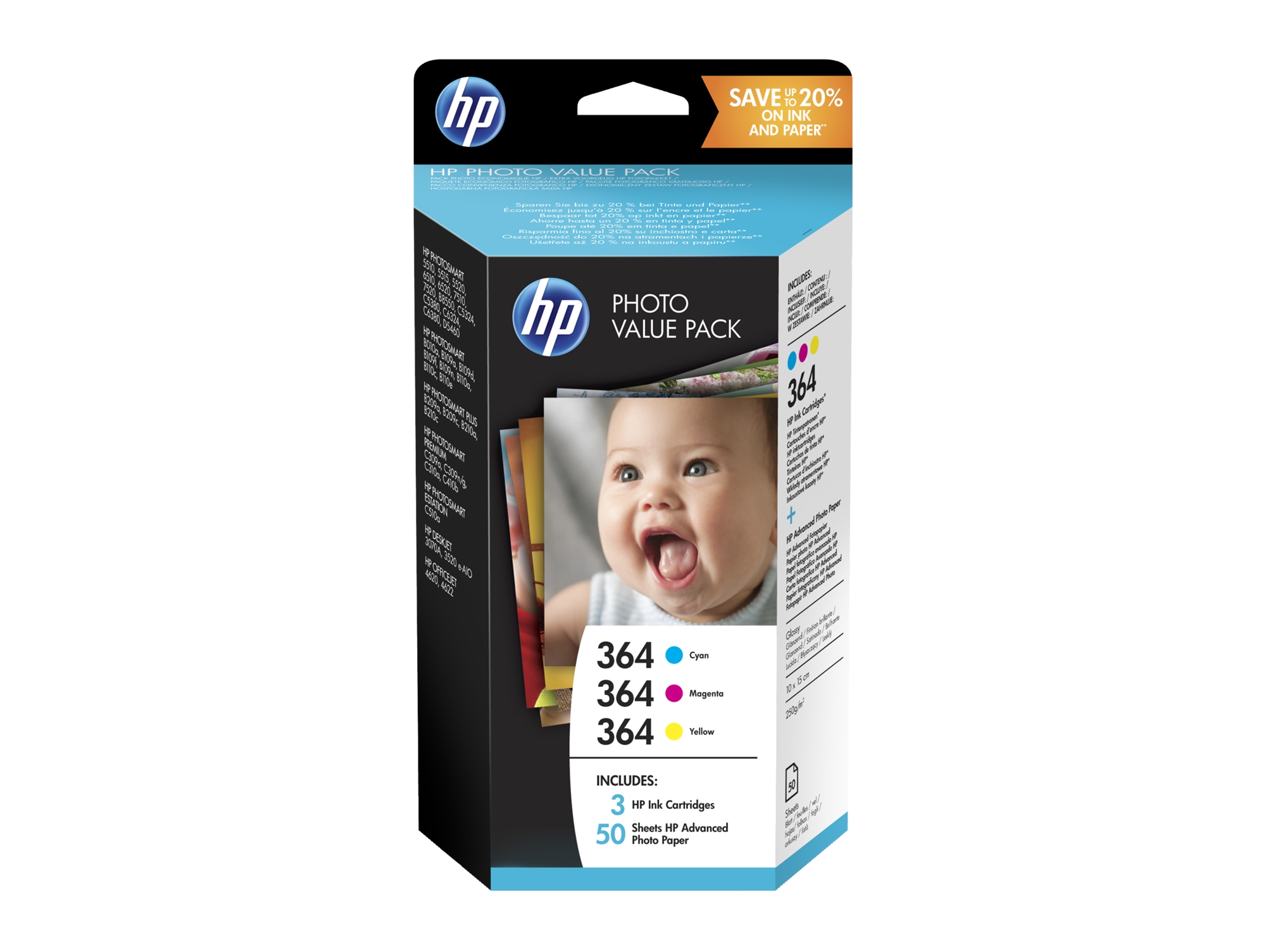 Pack 3 Cartuchos de tinta HP 364 con 50 hojas (10 x 15 cm) (T9D88EE)