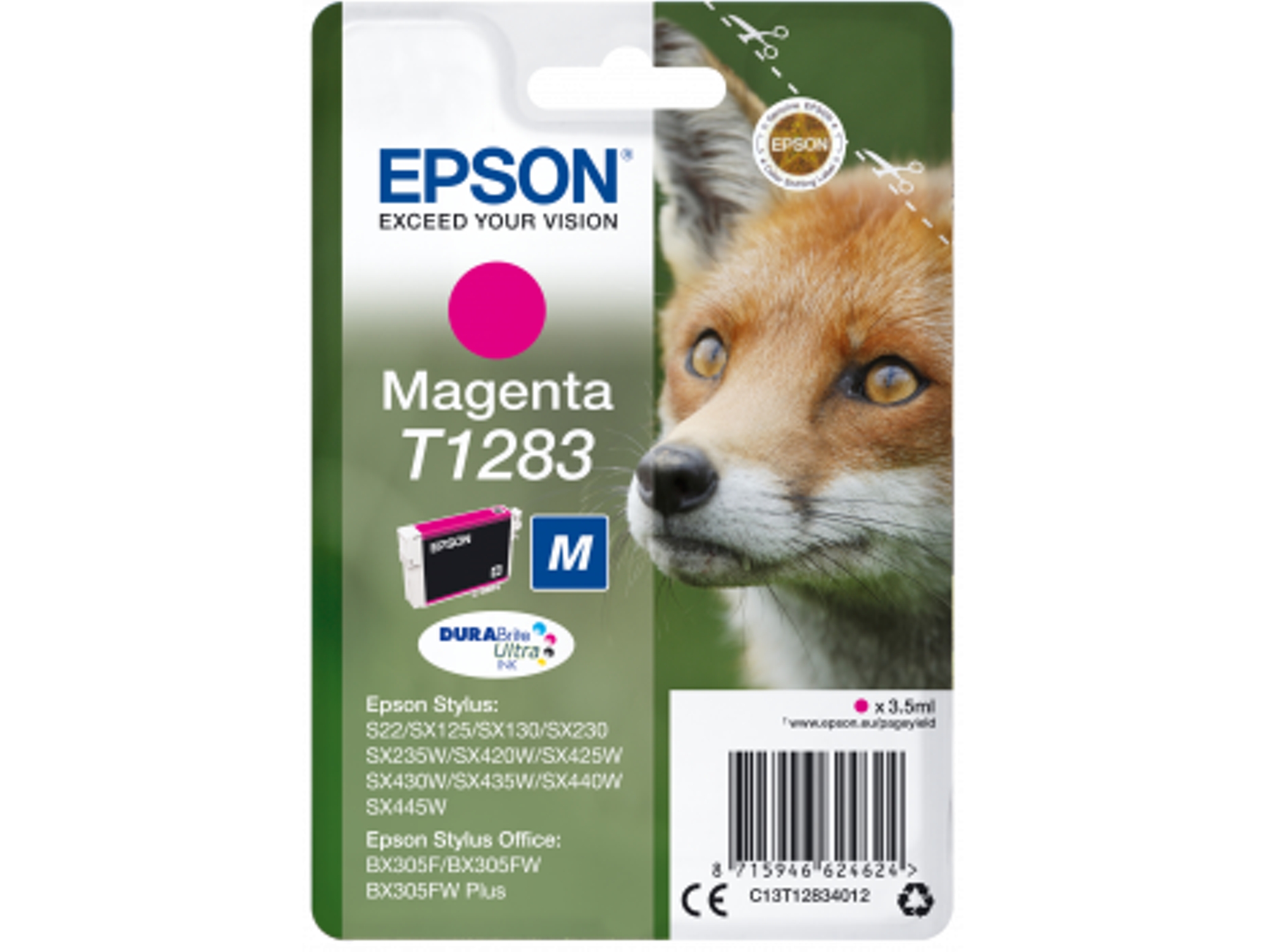 Cartucho de tinta original EPSON T1283, Zorro 3,5 ml, Magenta, M, C13T12834012