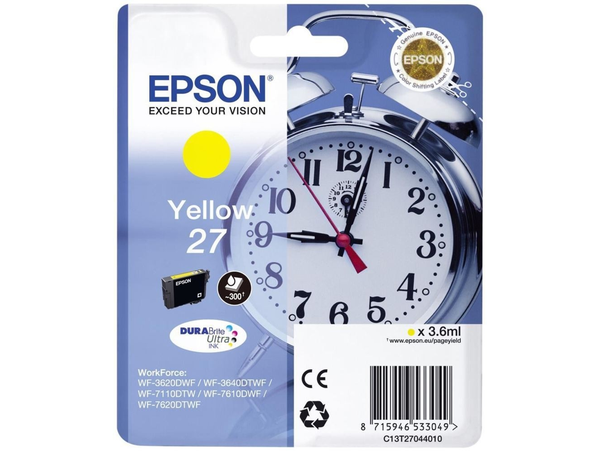 Cartucho de tinta original EPSON 27, Despertador 3,6 ml, Amarillo, C13T27044022, T2704