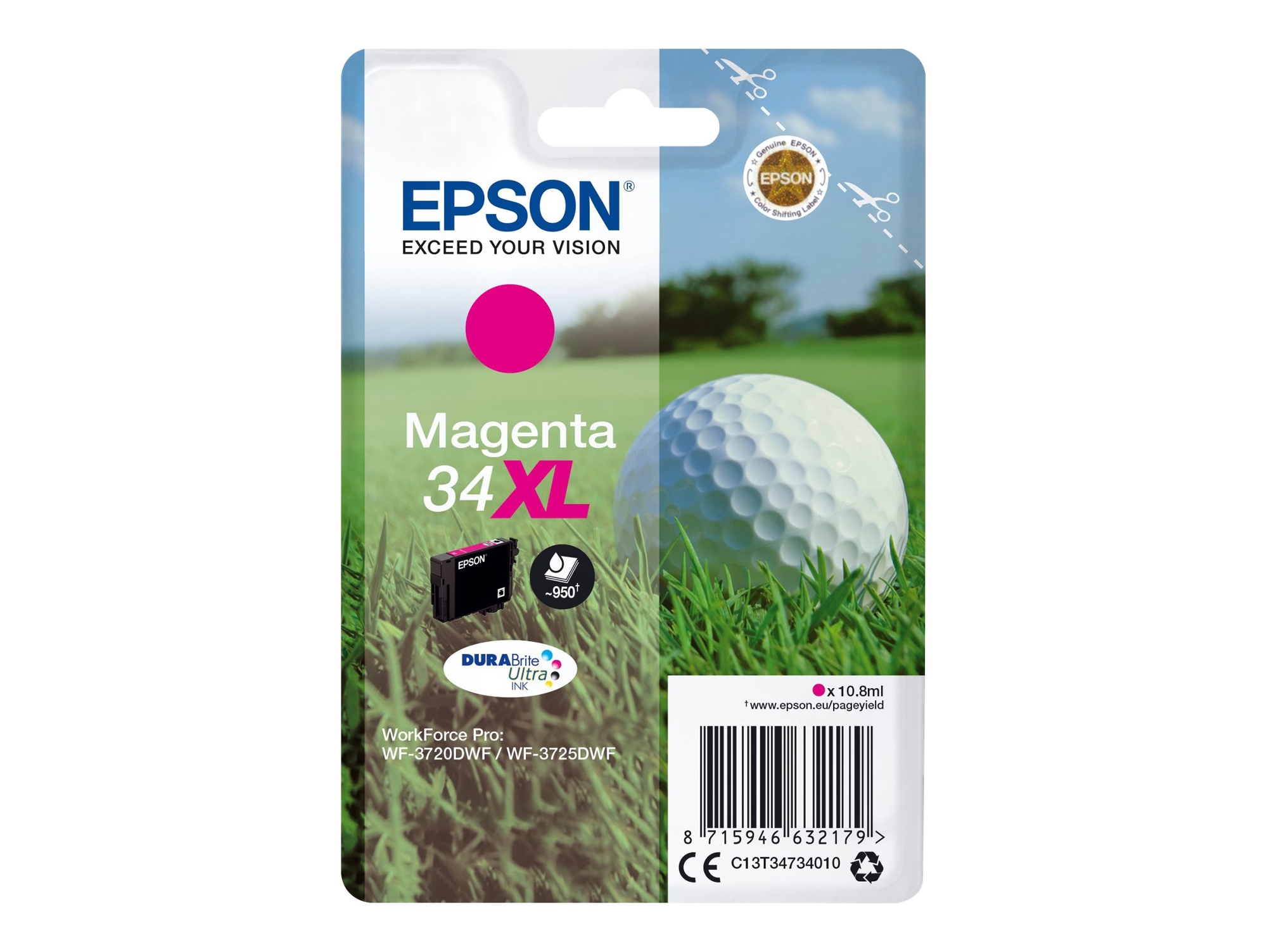 Cartucho de tinta original EPSON 34XL, Bola de golf 10,8 ml, Magenta, XL, C13T34734020, T3473