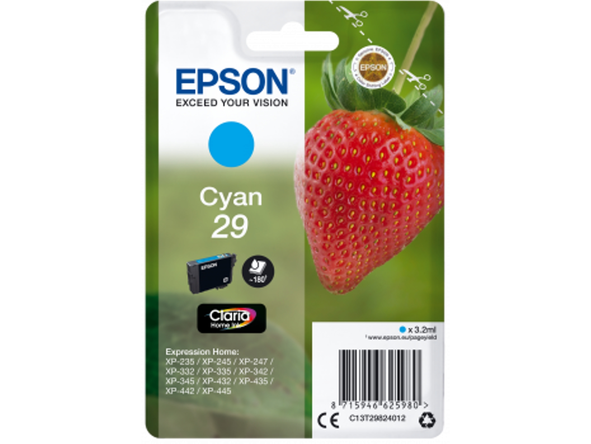 Cartucho de tinta original EPSON, 29, Fresa 3,2 ml, Cian, Estándar, C13T29824012, T2982