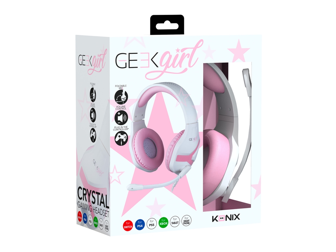 Auscultadores Gaming KONIX Geek Girl Crystal (Blanco/Rosa)