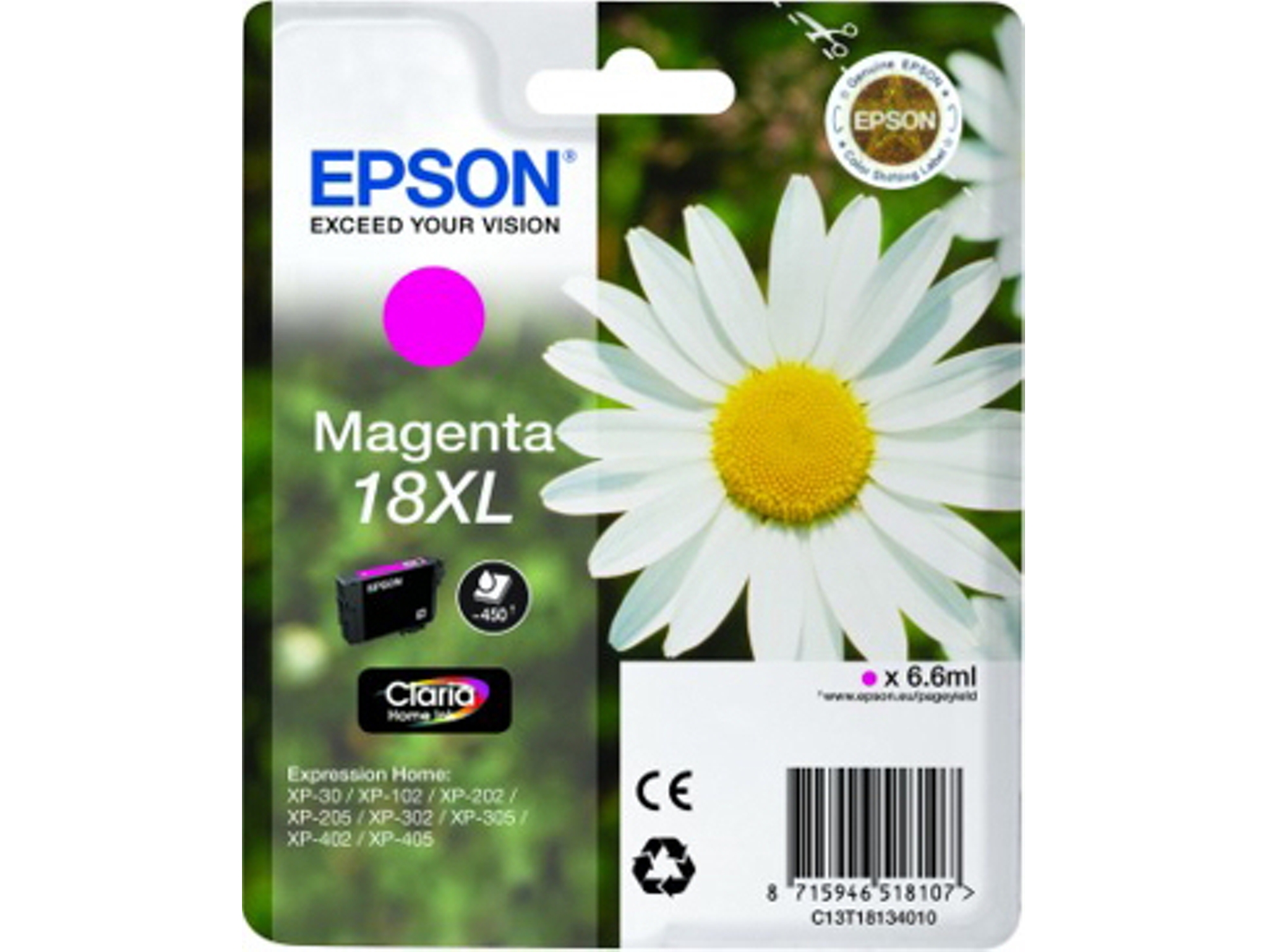 Cartucho de tinta original EPSON, Tinta Claria Home, 18XL, Margarita 6,6 ml, Magenta, C13T18134022, T1813