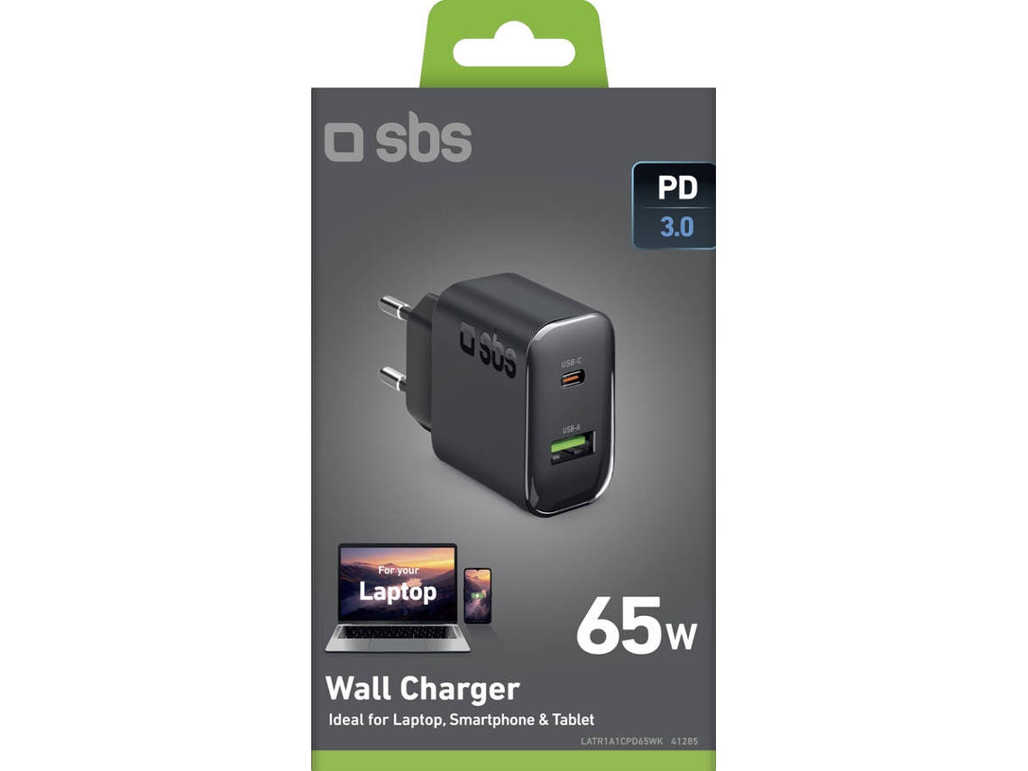 Cargador para portátil SBS (USB-C - USB-A - 65 W - Negro)
