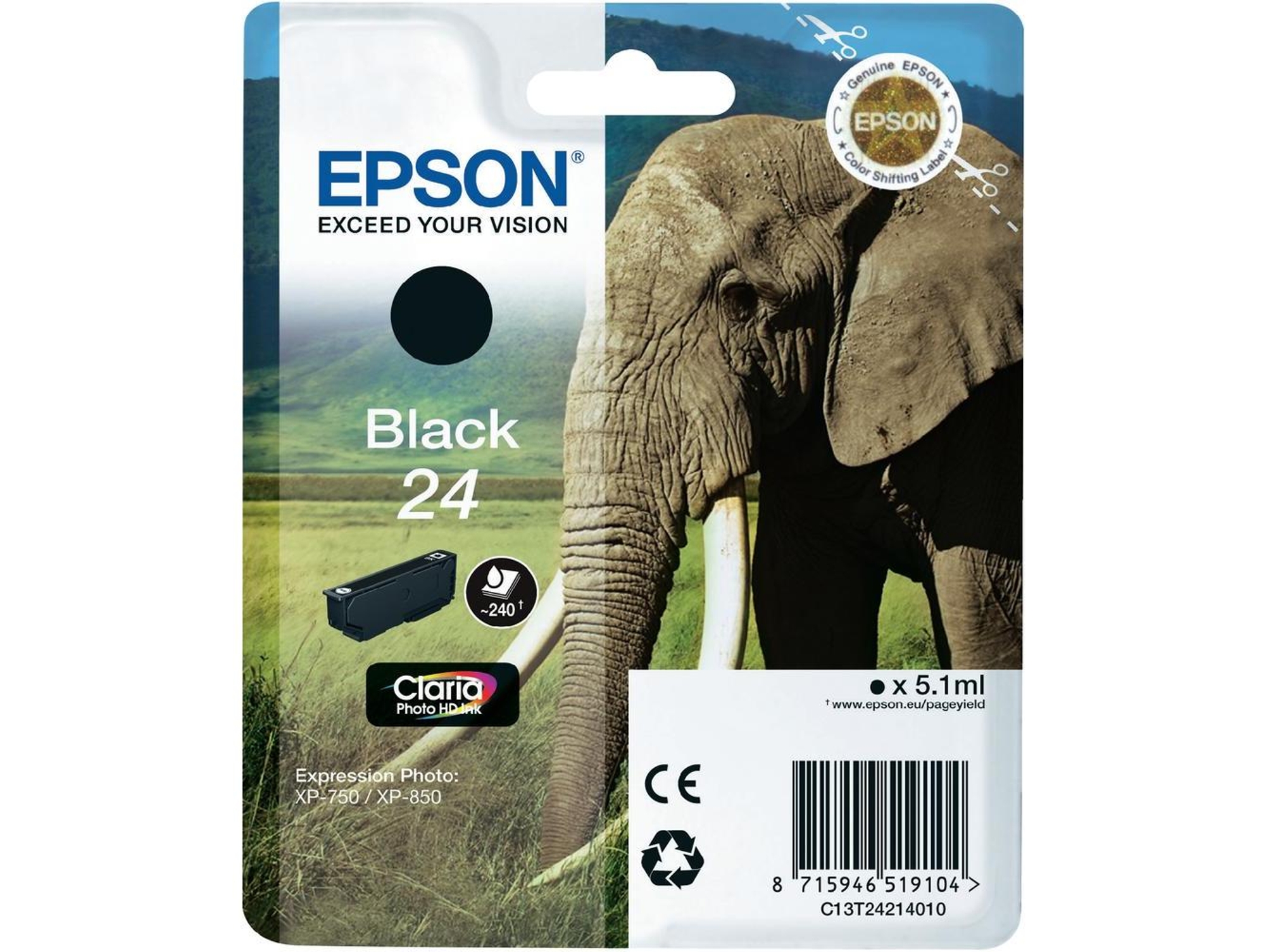 Cartucho de tinta original EPSON, Tinta Claria Photo, 24, Elefante 5,1 ml, Negro, C13T24214012, T2421