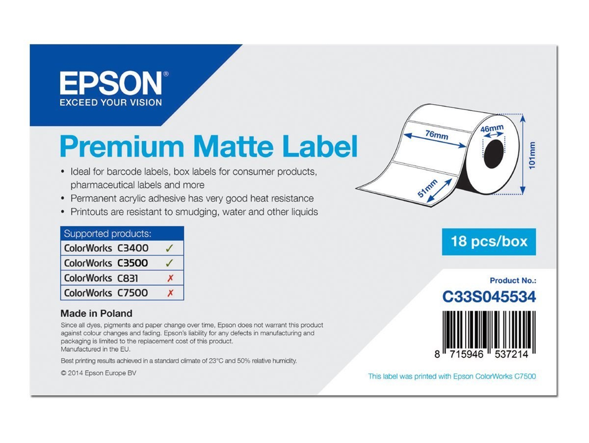 Papel para Etiquetas EPSON Premium Matte Label 76mm x 51mm 650 Etiquetas