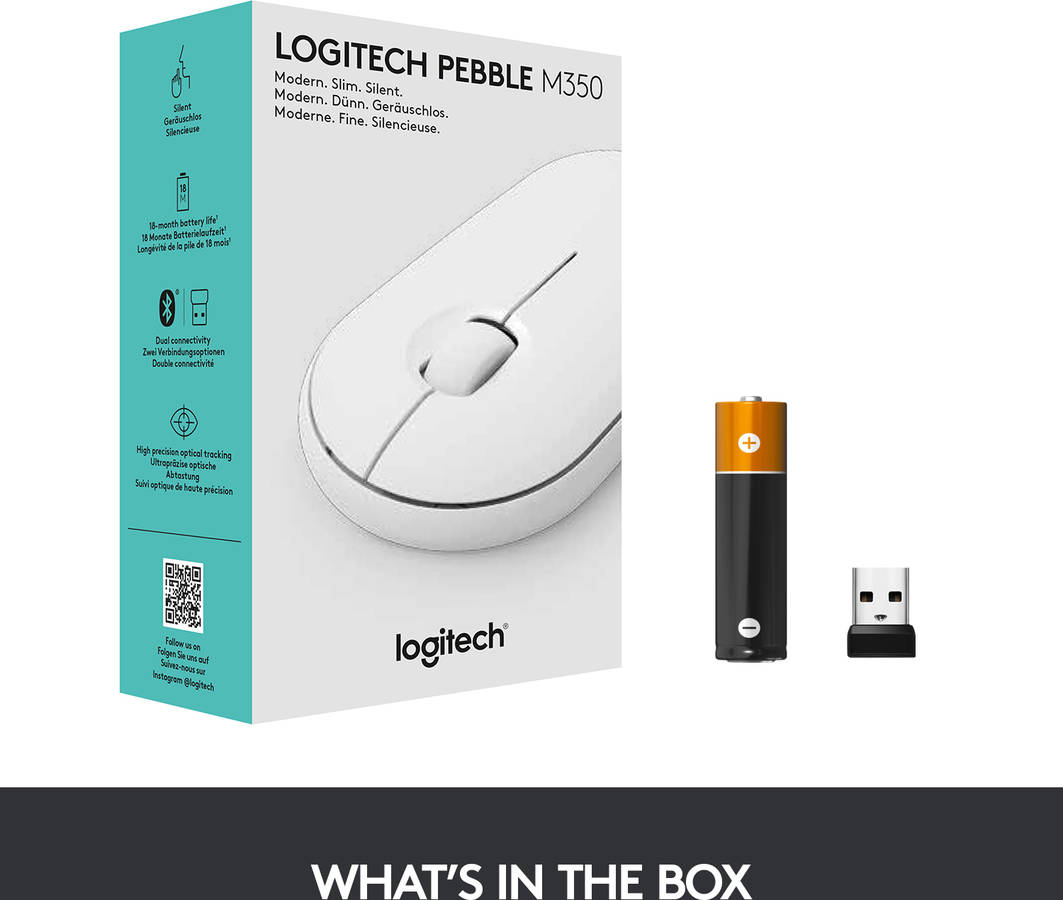 Ratón LOGITECH M350 Pebble (Bluetooth - Regular - 1000 dpi - Blanco)