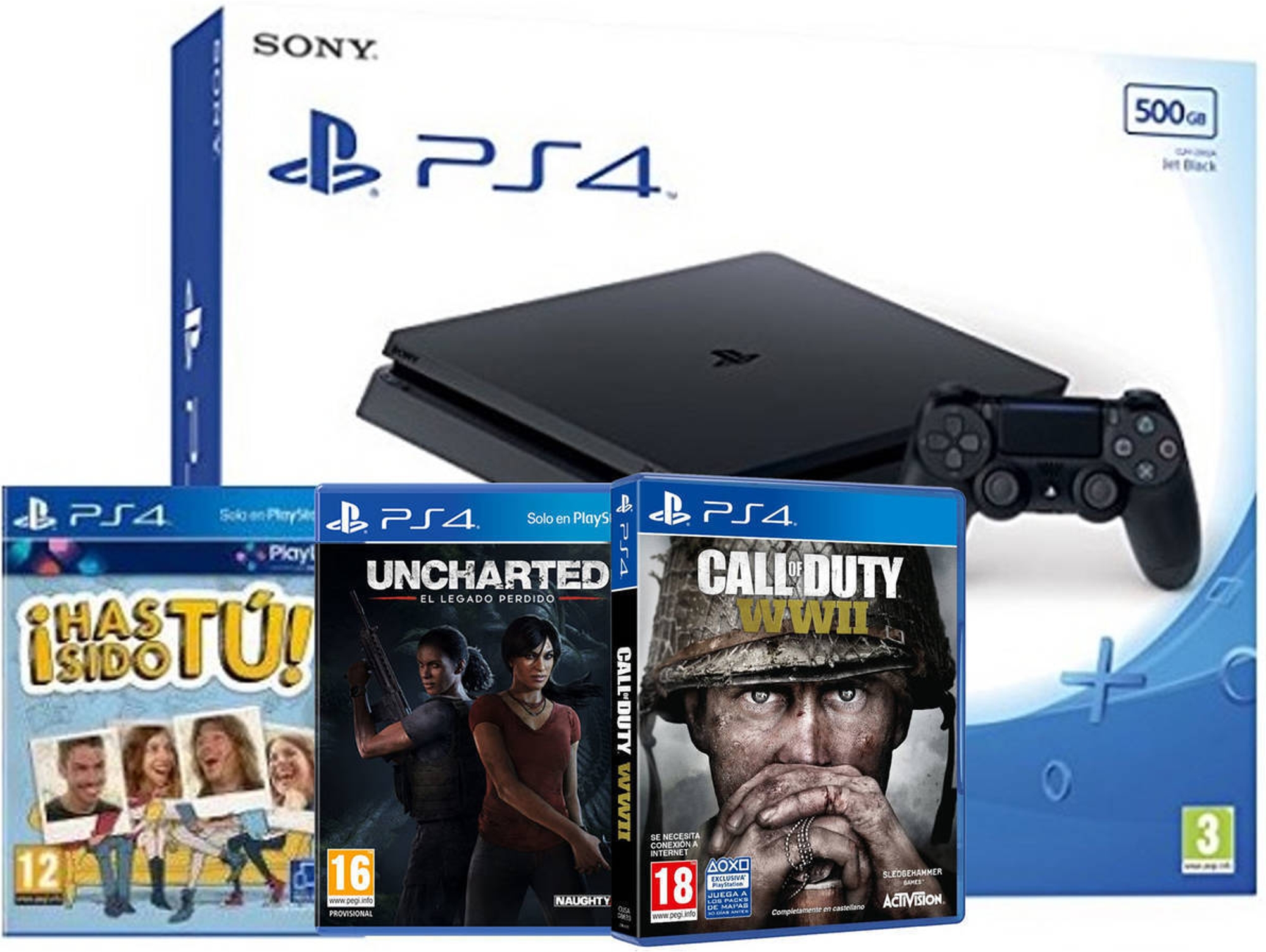 Consola PS4 500GB Slim + Has Sido Tu!, PS4 Call of Duty WWII, Uncharted: El Legado Perdido (Caja Abierta)