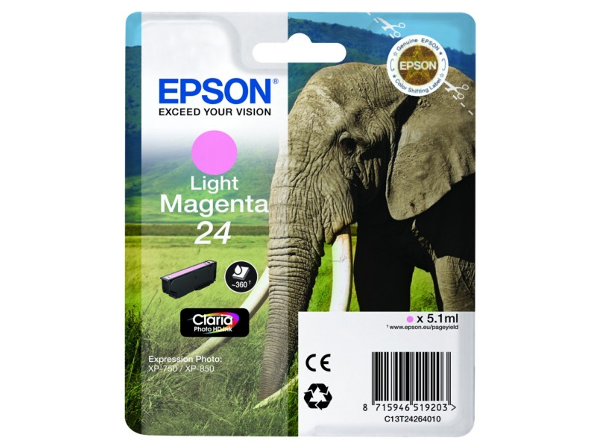 Cartucho de tinta original EPSON, Tinta Claria Photo, 24, Elefante 5,1 ml, Magenta claro, C13T24264012, T2426