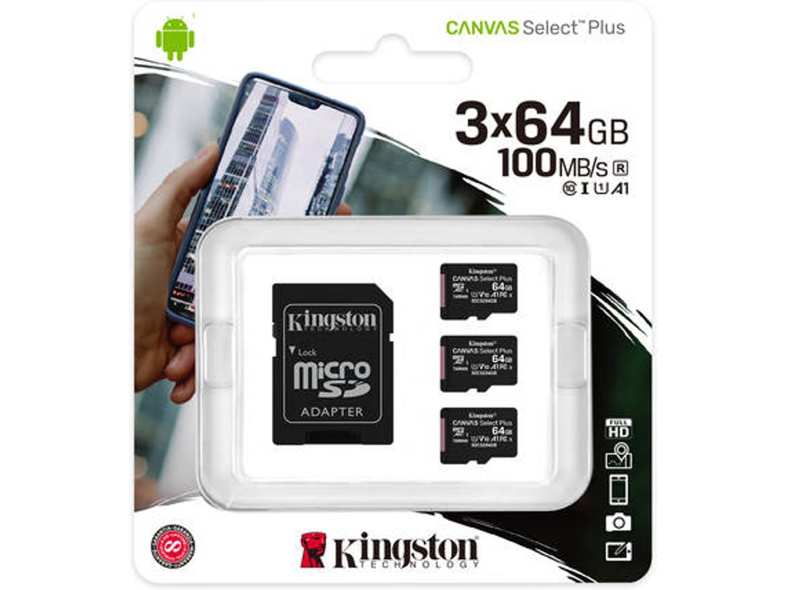 Paquete de 3 tarjetas de memoria KINGSTON 64GB MicroSD Canvas Select Plus 100R A1 C10 + adaptador