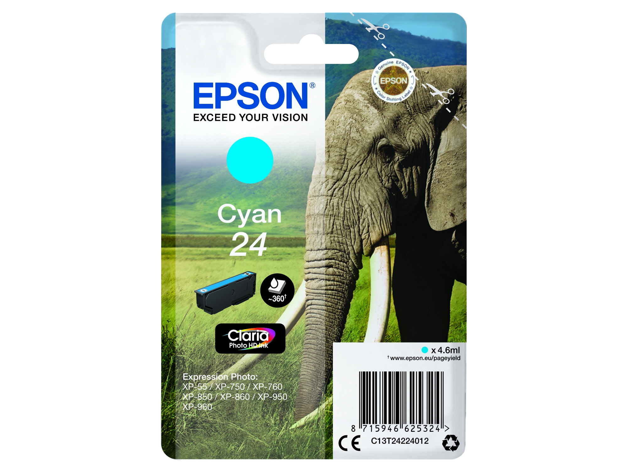 Cartucho de tinta original EPSON, Tinta Claria Photo, 24, Elefante 4,6 ml, Cian, C13T24224012, T2422