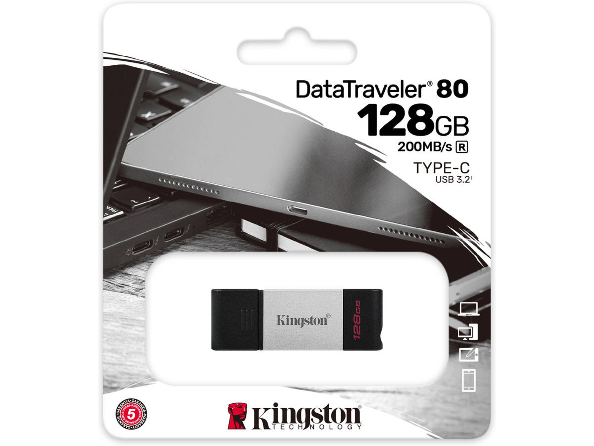 Pen Drive USB KINGSTON DataTraveler 80 (128 GB - Type-C - 200 MB/s)