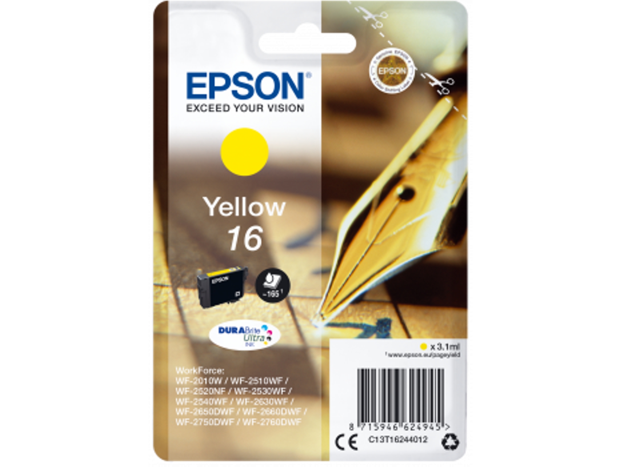 Cartucho de tinta original EPSON 16, Bolígrafo y crucigrama 3,1 ml, Amarillo, C13T16244012, T1624
