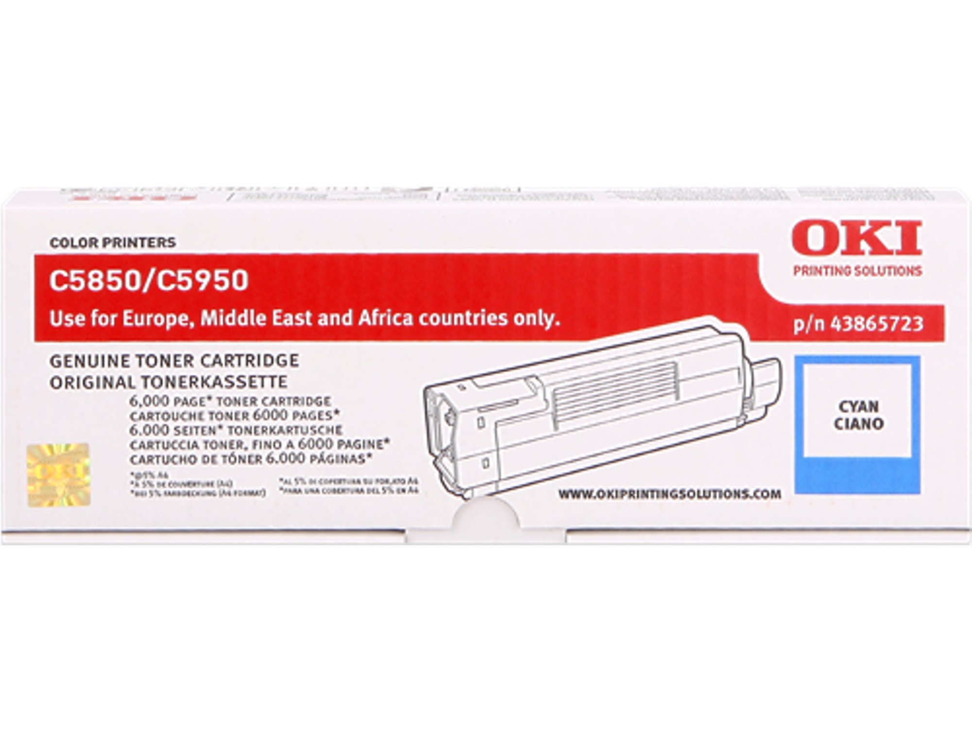 Cartucho de Tóner OKI 43865723 Cian  para OKI MC560dn, MC560n, C5850dn, 5850n, 5950cdtn, 5950dn, 5950dtn, 5950n