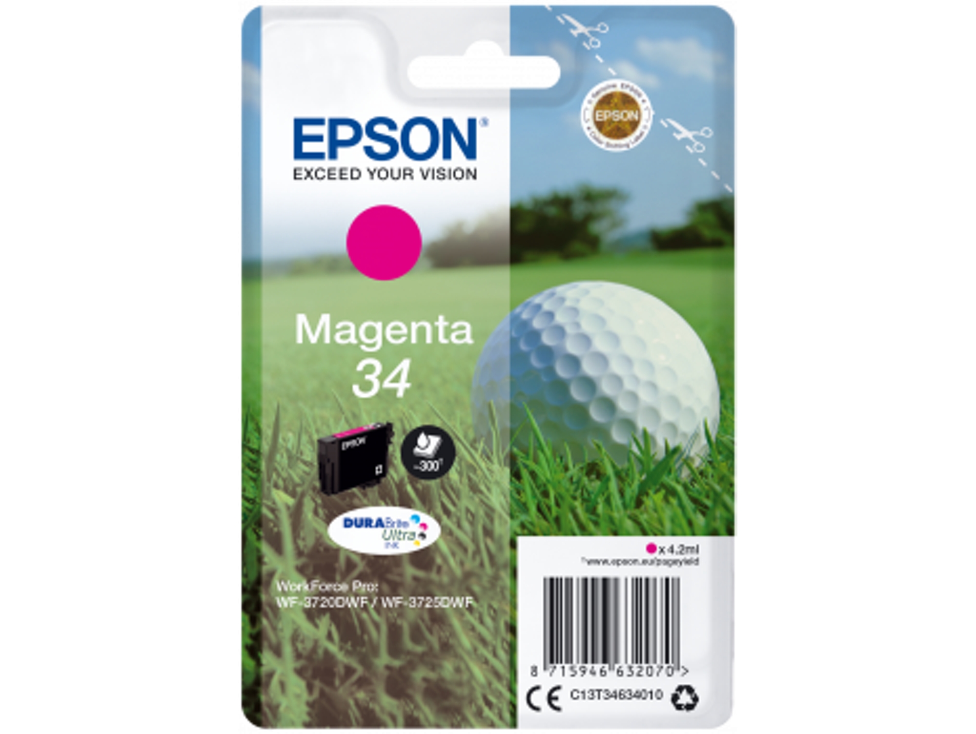 Cartucho de tinta original EPSON 34, Bola de golf 4,2 ml, Magenta, C13T34634010, T3463
