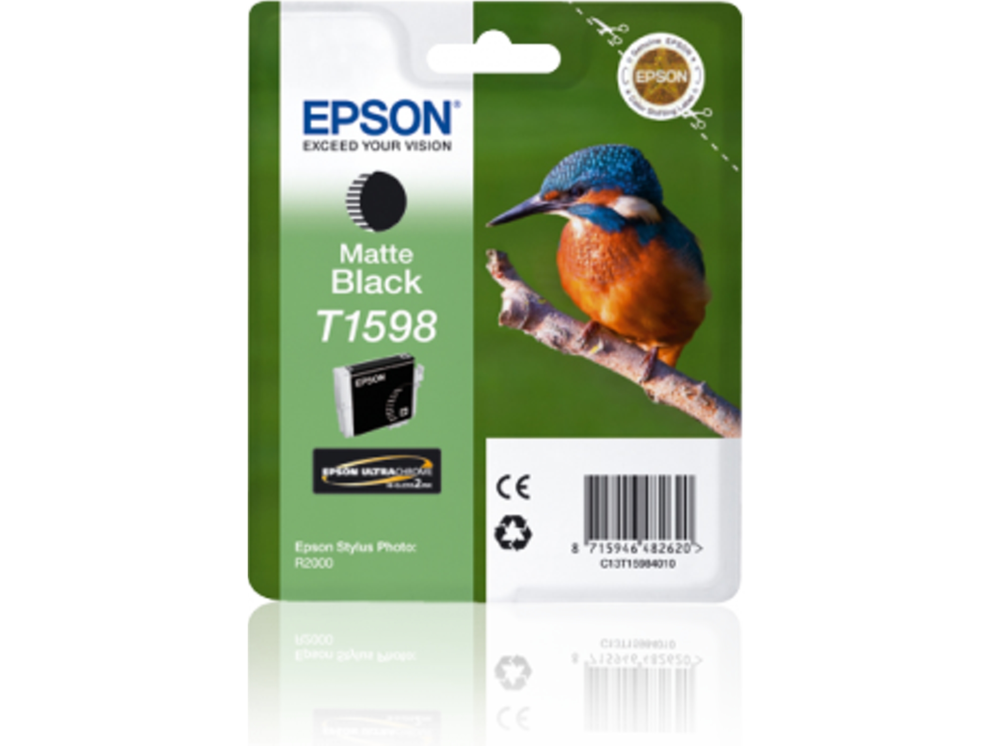 Cartucho de tinta original EPSON, T1598, Martín pescador, 17 ml, Negro mate, C13T15984010
