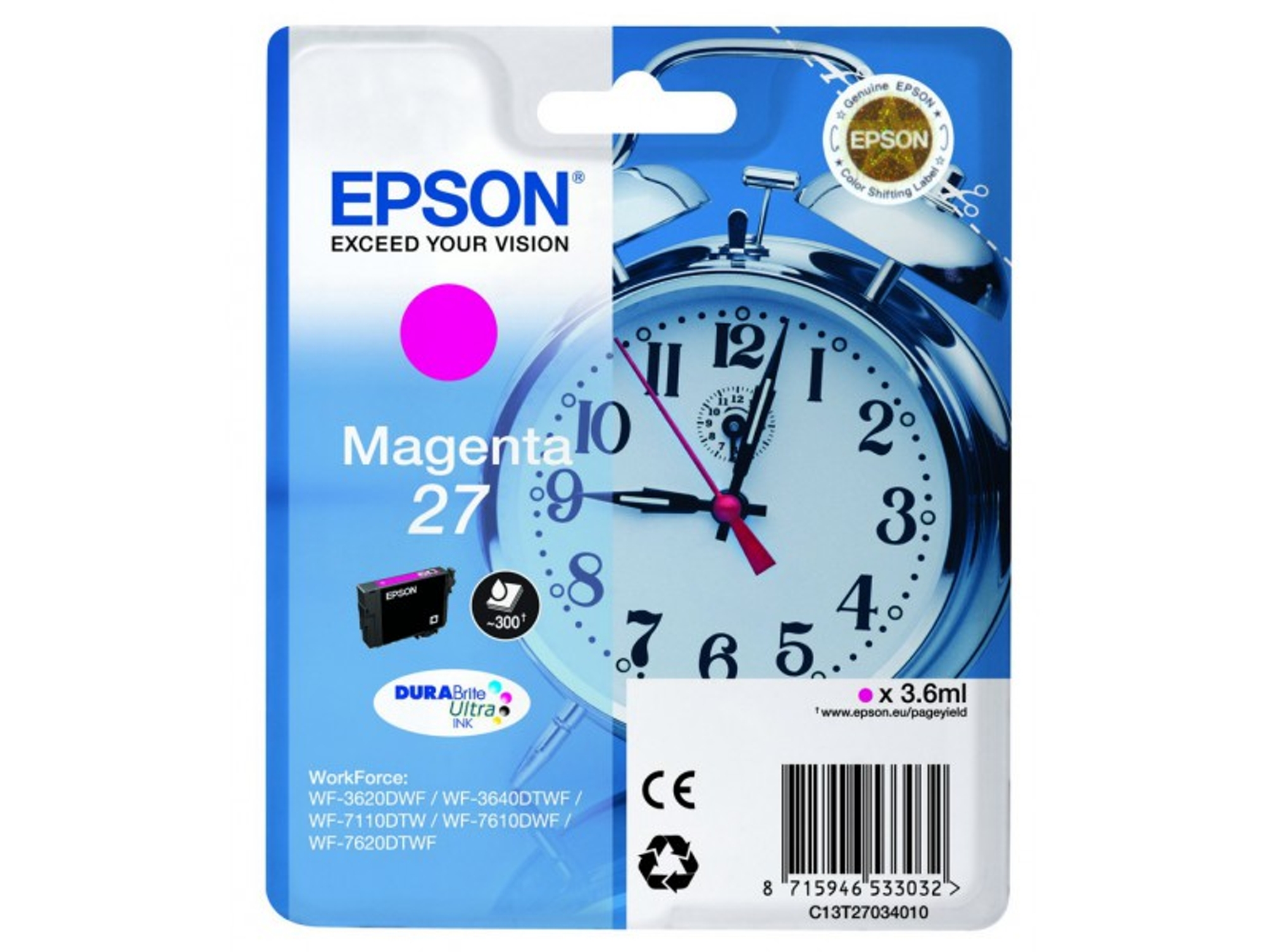 Cartucho de tinta original EPSON 27 Magenta C13T27034012, T2703, Despertador -