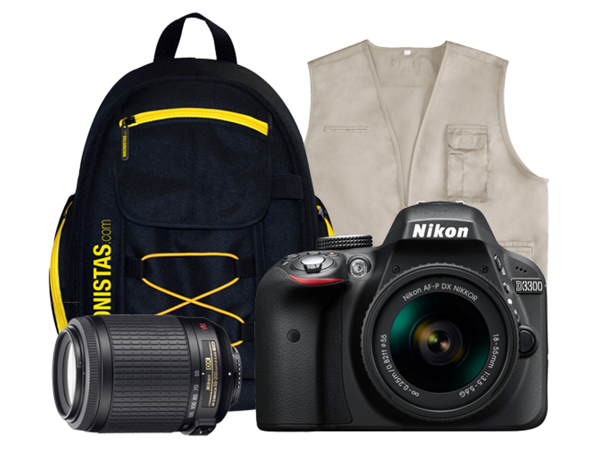 Cámara Reflex NIKON D3300 + Objetivo AFP DX 18/55 + Objetivo AFS DX 55/200G VR + Mochila + Libro + Chaleco