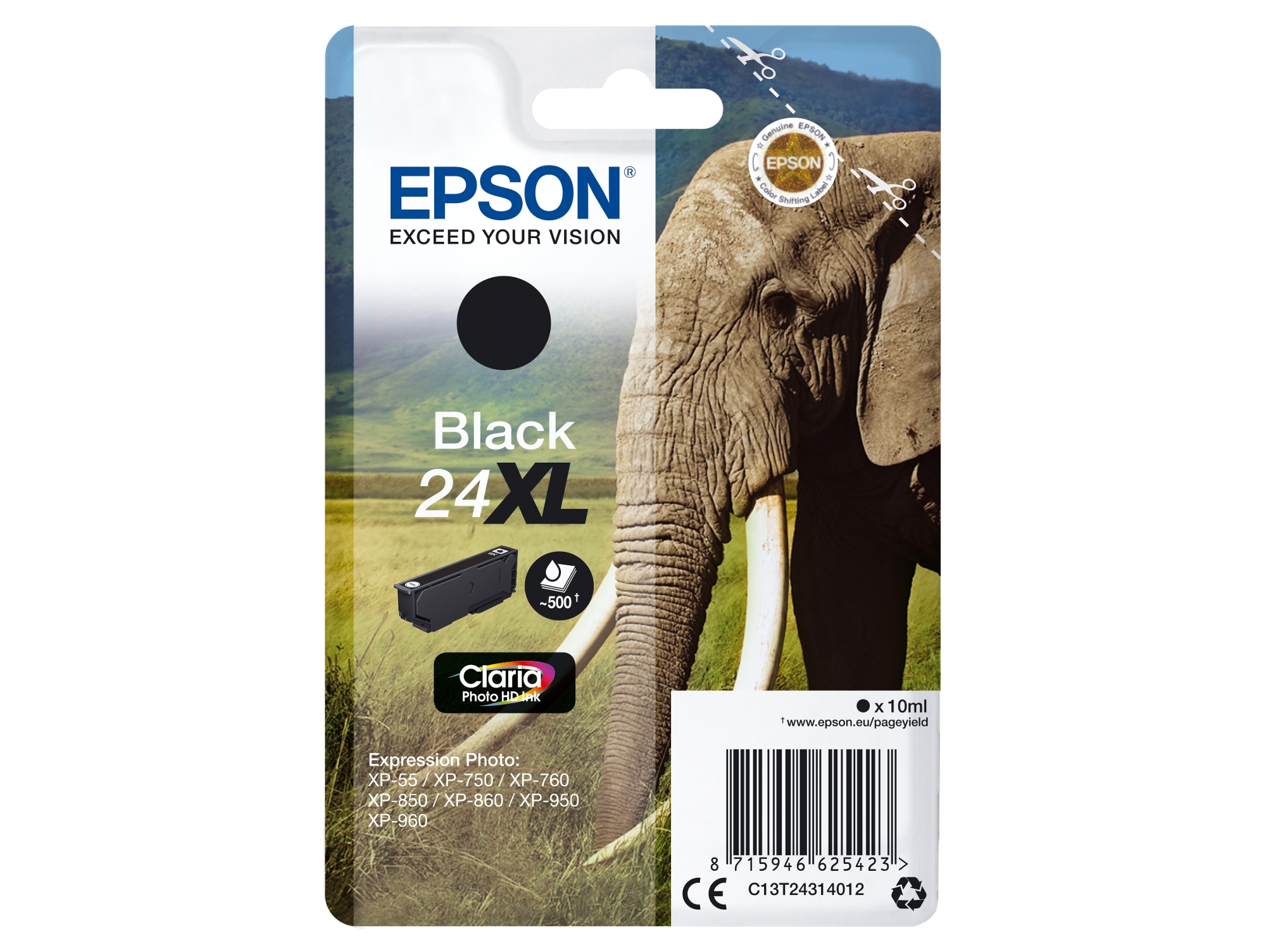 Cartucho de tinta original EPSON, 24XL, Elefante 10 ml, Negro, C13T24314012, T2431