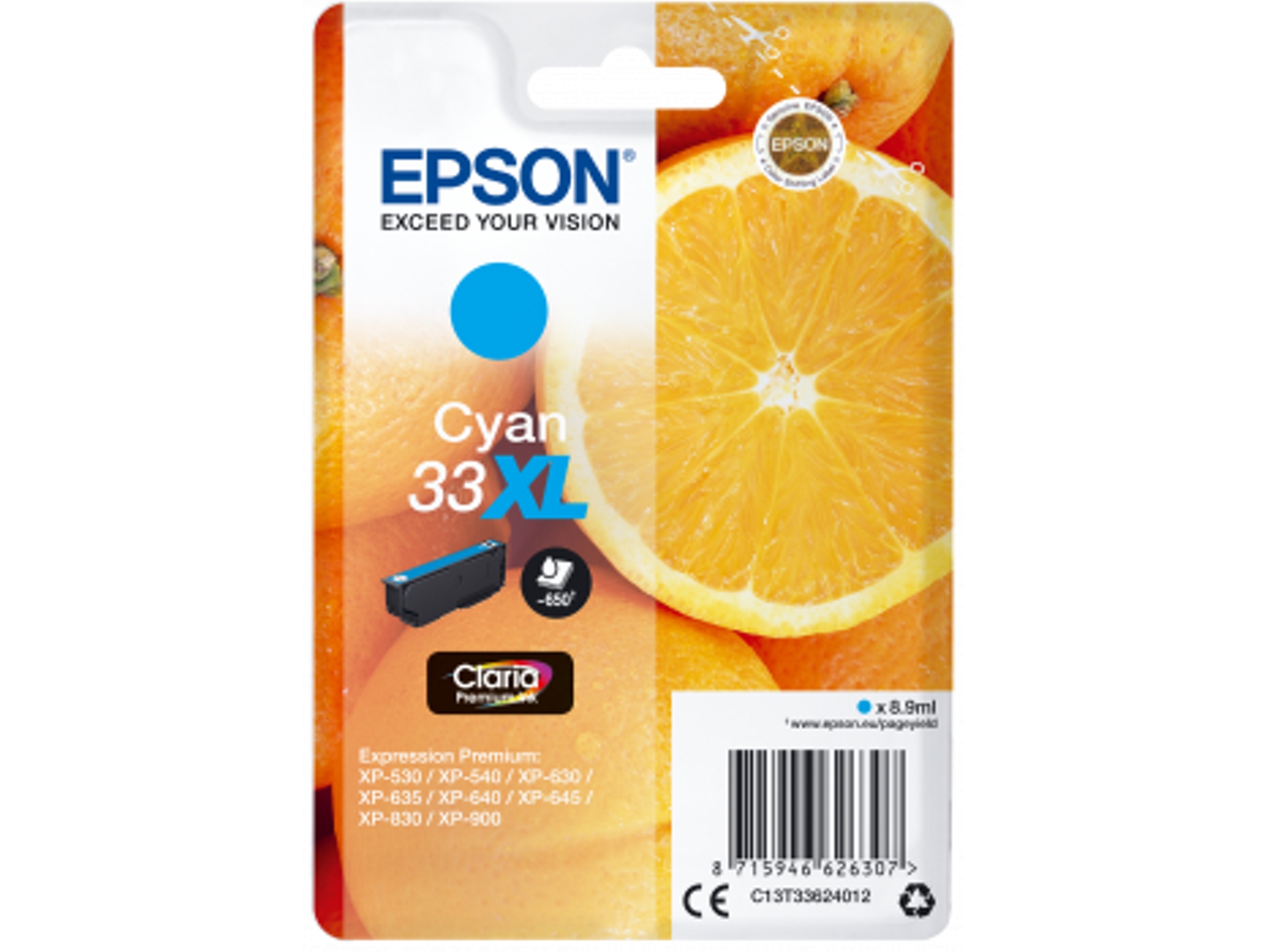 Cartucho de tinta original EPSON, 33, Naranjas 8,9 ml, Cian, Alta, XL, C13T33624012, T3362