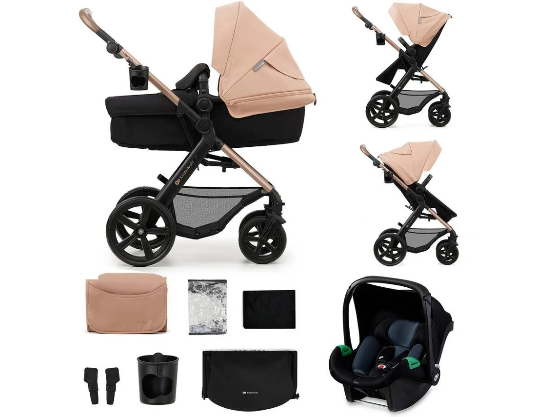 Carrito 3 en 1 Kinderkraft MOOV 2 con asiento 2 en 1 transformable, capota UPF50+ y ajuste completo Beige