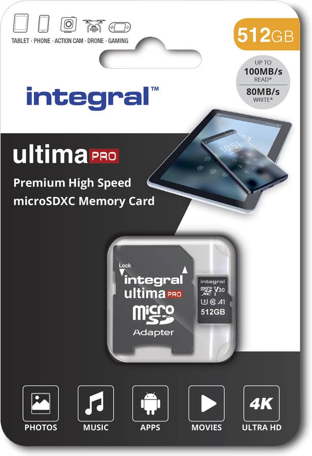 Integral Tarjeta Micro de 512gb memoria alta velocidad sdxc hasta 100mb lectura y 50mb escritura v30 c10 u3 a1 100v10 512