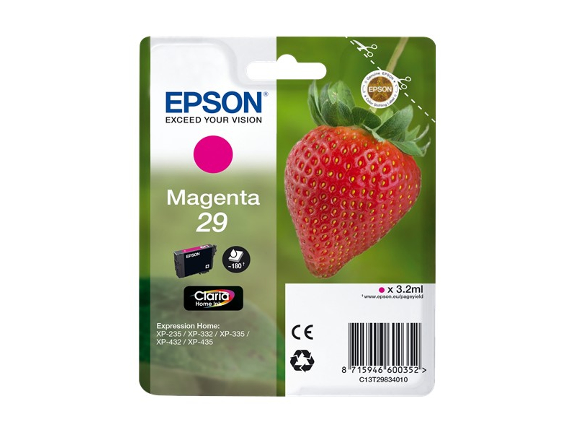 Cartucho de tinta original EPSON, 29, Fresa 3,2 ml, Magenta,, C13T29834022, T2983