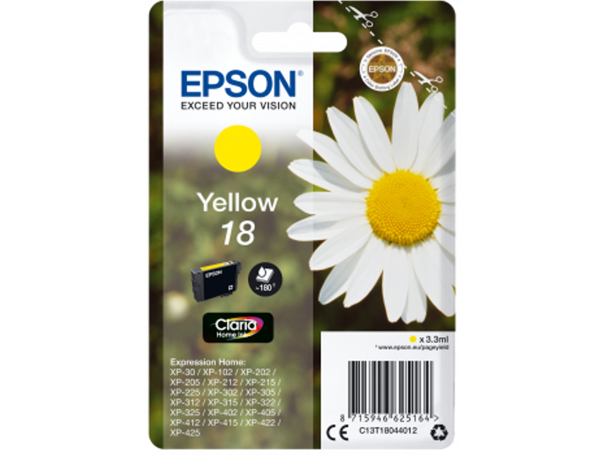 Cartucho de tinta original EPSON, Tinta Claria Home, 18, Margarita 3,3 ml, Amarillo, C13T18044012, T1804