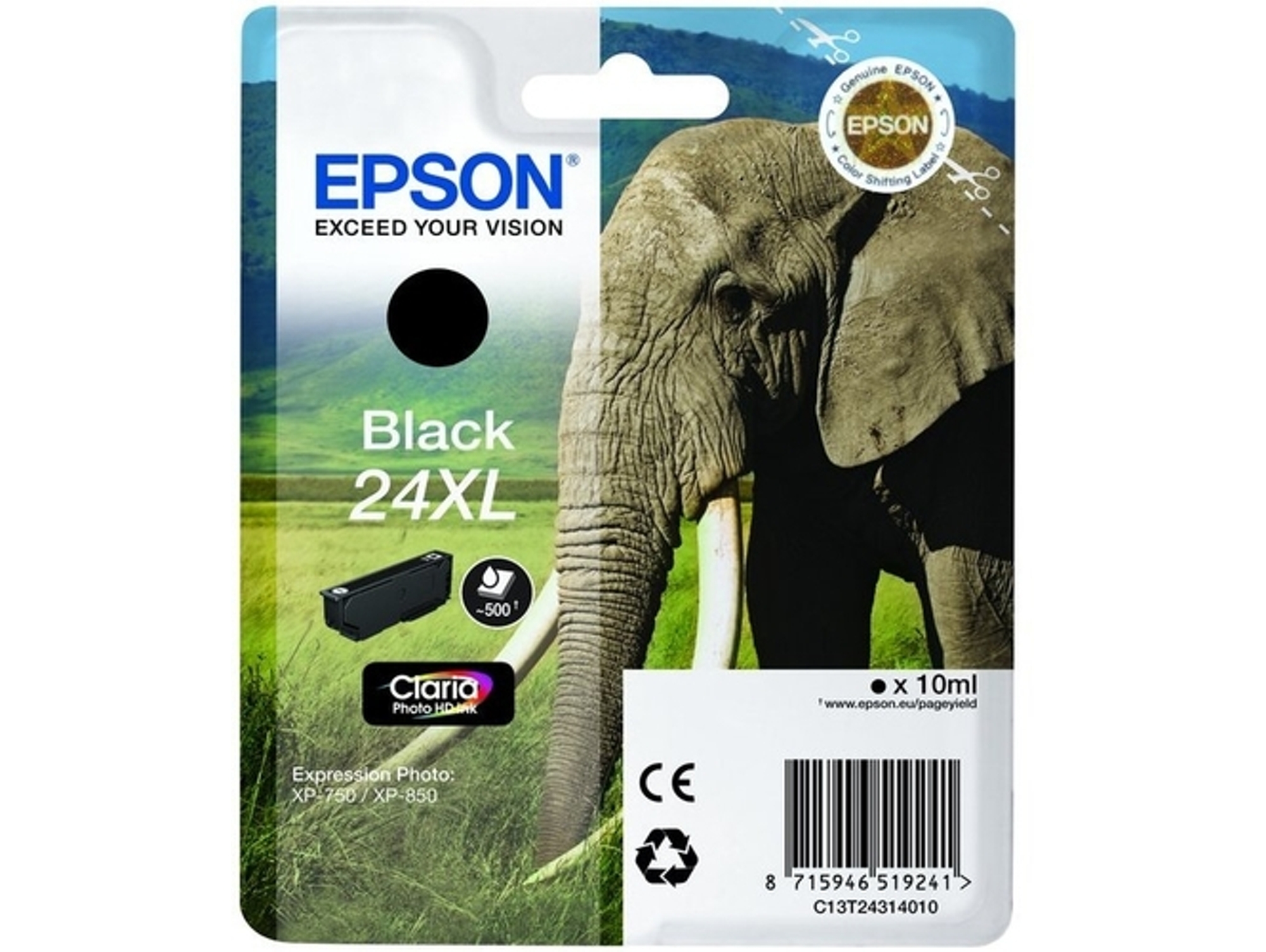 Cartucho de tinta original EPSON, 24XL, Elefante 10 ml, Negro, C13T24314022, T2431