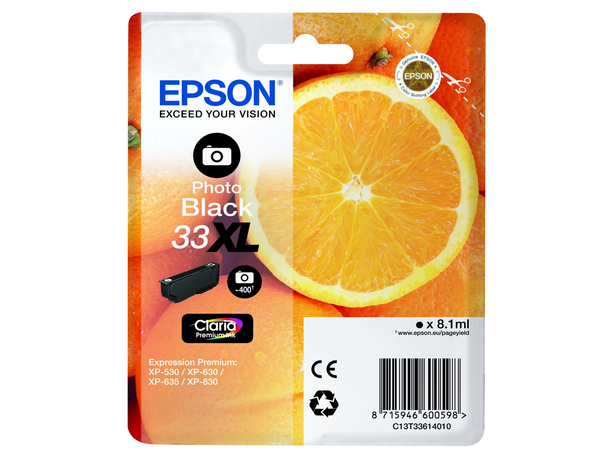 Cartucho de tinta original EPSON, 33, Naranjas 8,1 ml, Negro foto, XL, C13T33614022, T3361