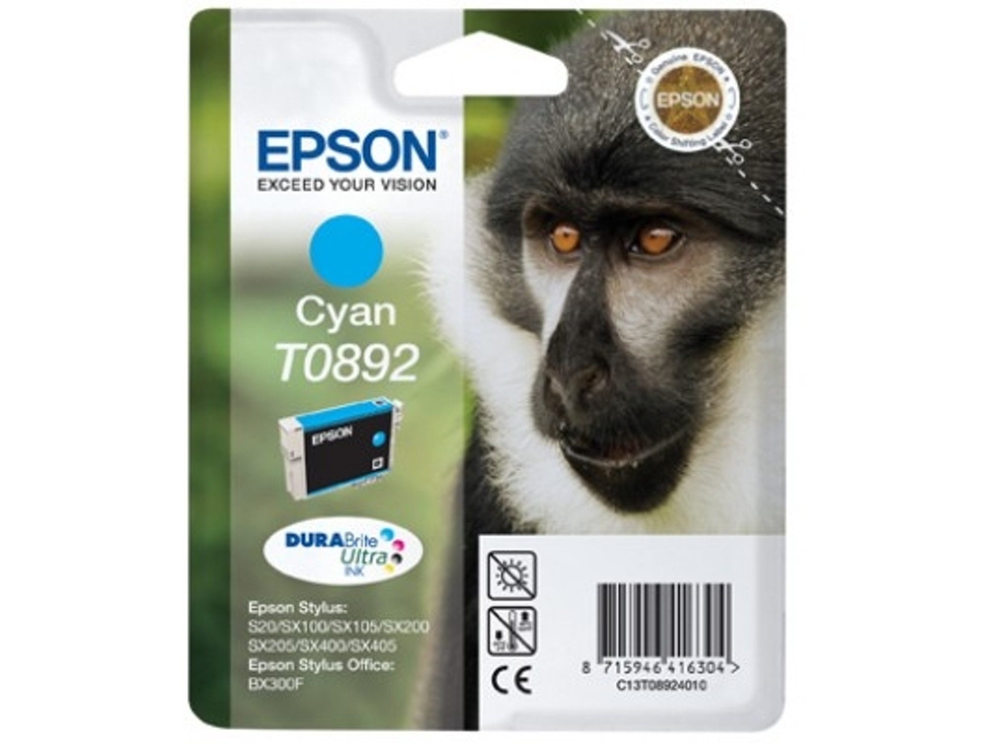 Cartucho de tinta original EPSON T0892, Mono 3,5 ml, Cian, C13T08924021
