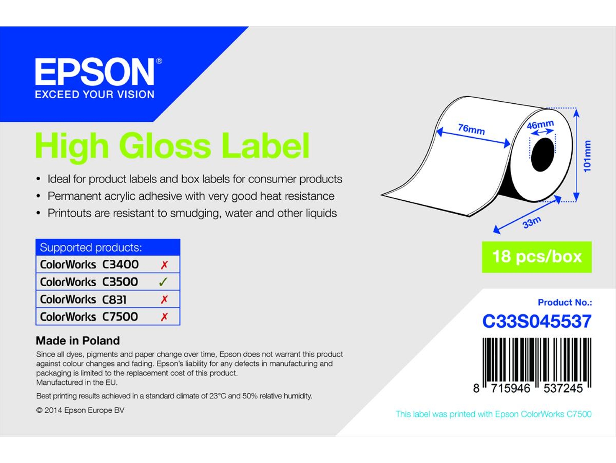 Papel para Etiquetas EPSON High Gloss  76mm x 33m