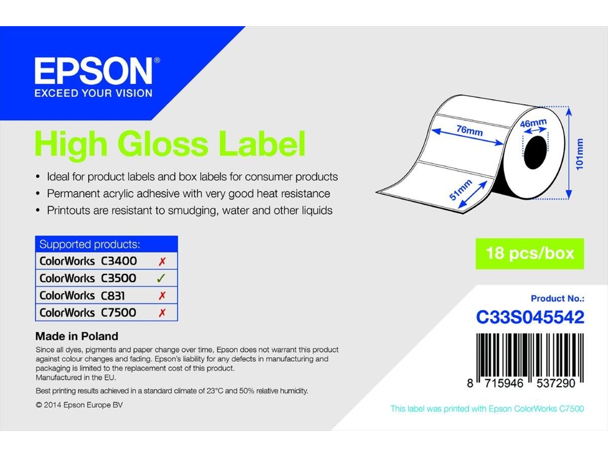 Papel para Etiquetas EPSON High Gloss 76mm x 51mm 610 Etiquetas