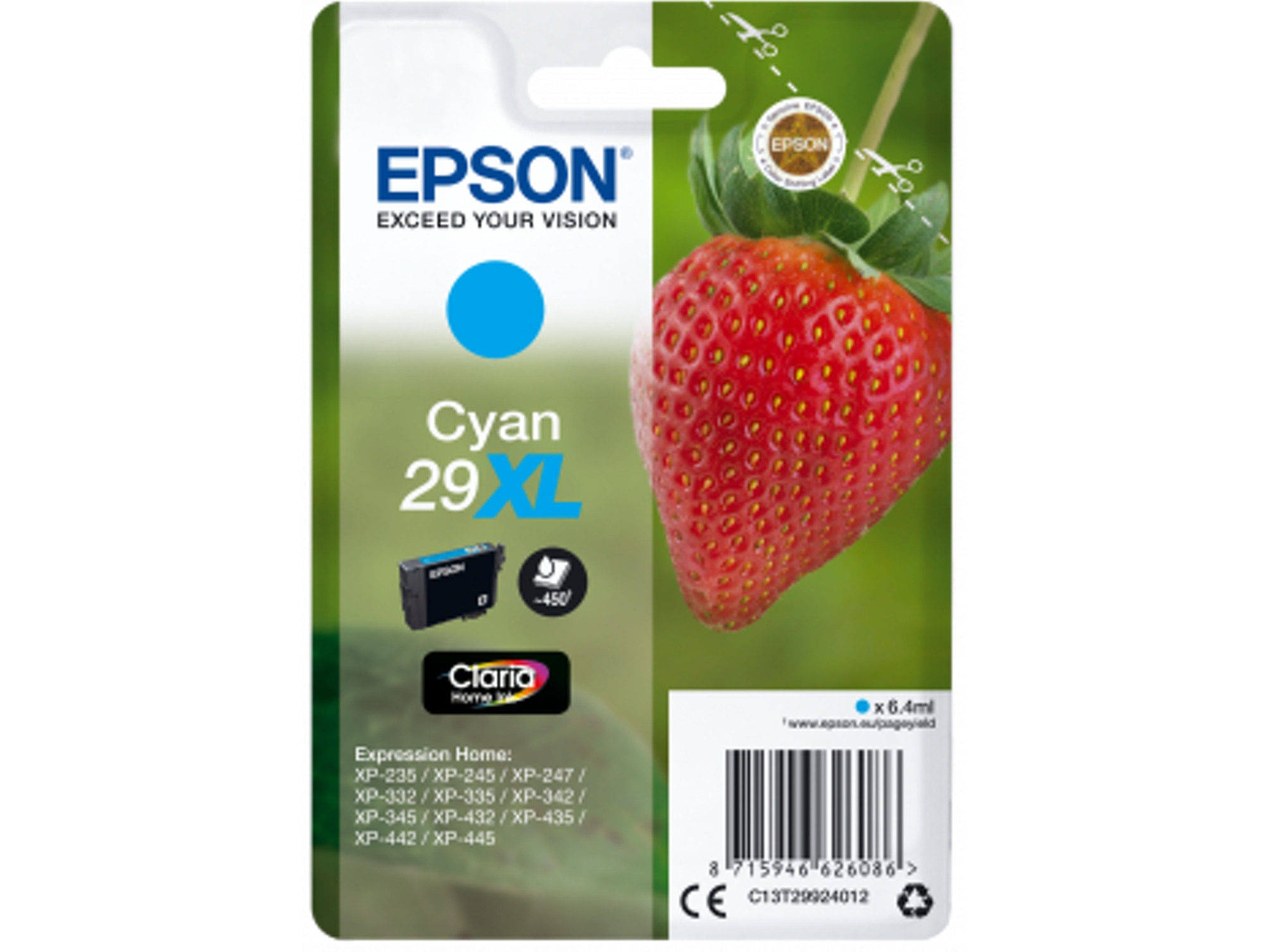 Cartucho de tinta original EPSON, 29, Fresa 6,4 ml, Cian, Alta, XL, C13T29924012, T2992