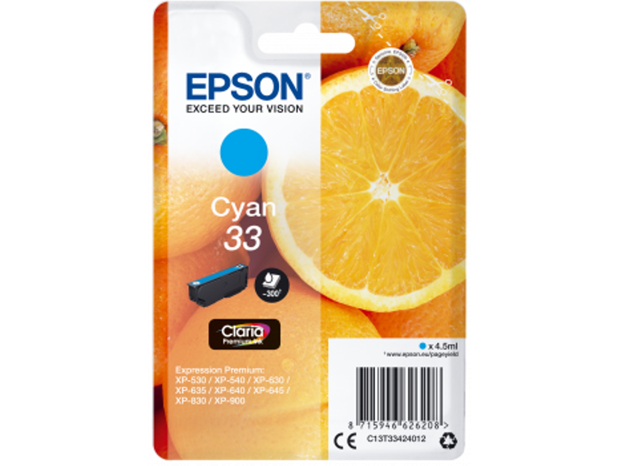 Cartucho de tinta original EPSON, 33, Naranjas 4,5 ml, Cian, Estándar, C13T33424012, T3342