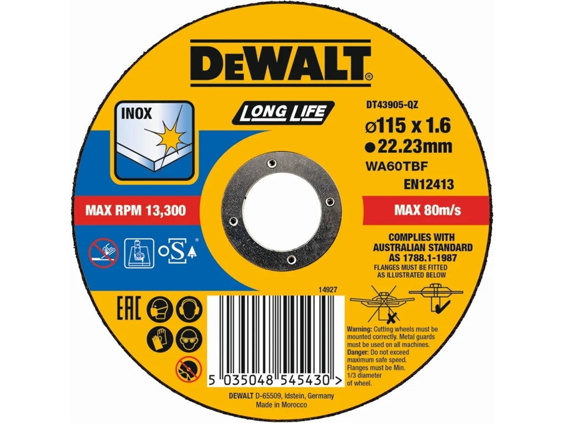 DEWALT DT43905-QZ - Disco de corte plano INOX con grano profesional de óxido de aluminio Long Life 125 x 1.6 x 22.23mm