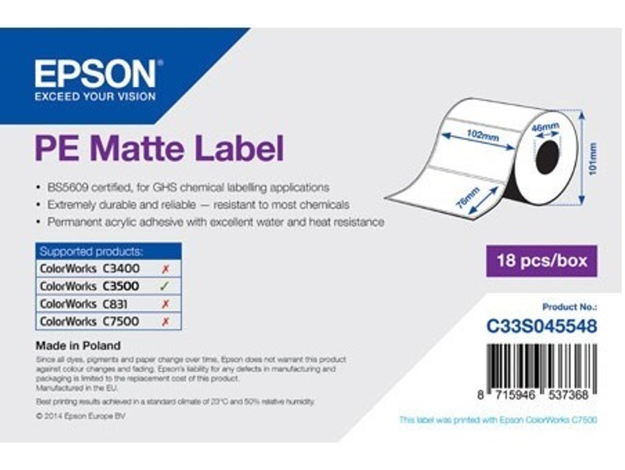 Papel para Etiquetas EPSON PE Rollo continuo de  Matte Label 102mm x 76mm 365 Etiquetas