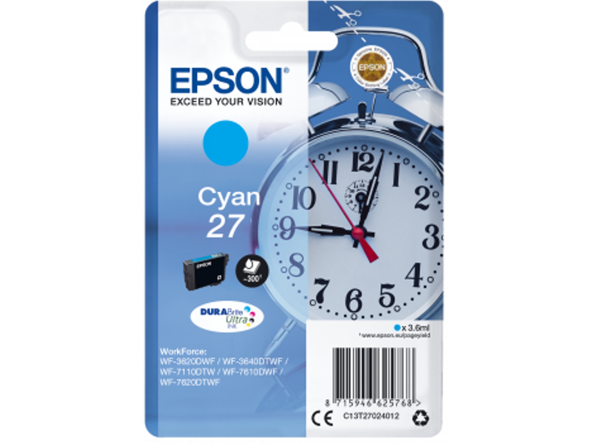 Cartucho de tinta original EPSON 27, Despertador 3,6 ml, Cian, C13T27024012, T2702