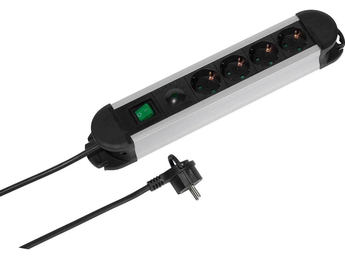 Alargador 4T VIVANCO con interruptor 1.6 m VIVANCO (Aluminio/Negro)